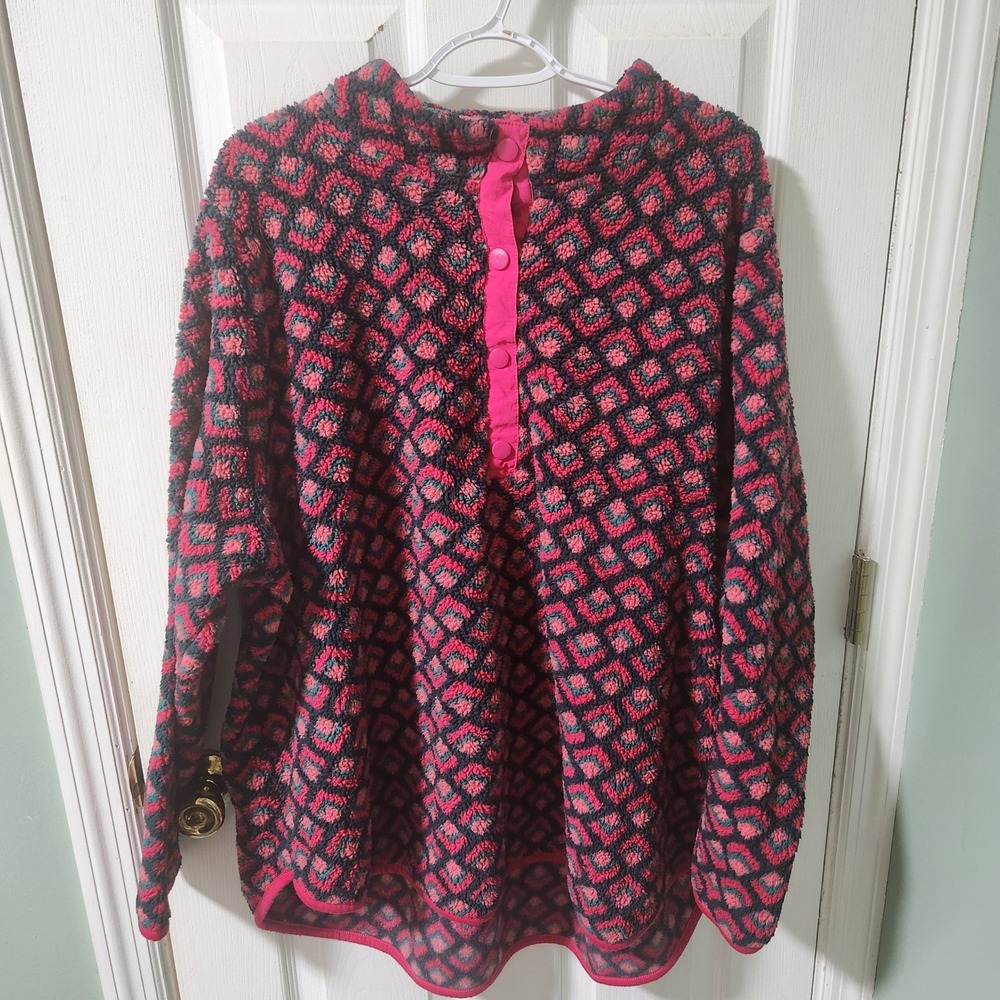 Terra & Sky Women 3X Pink Navy Geometric Fleece Snap Pullover Sweater